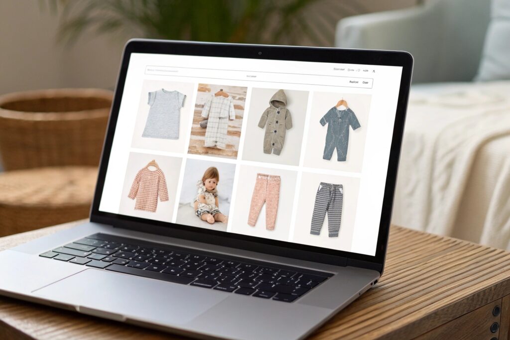 children's clothing displayed on an online store, featuring various outfits and a toddler model