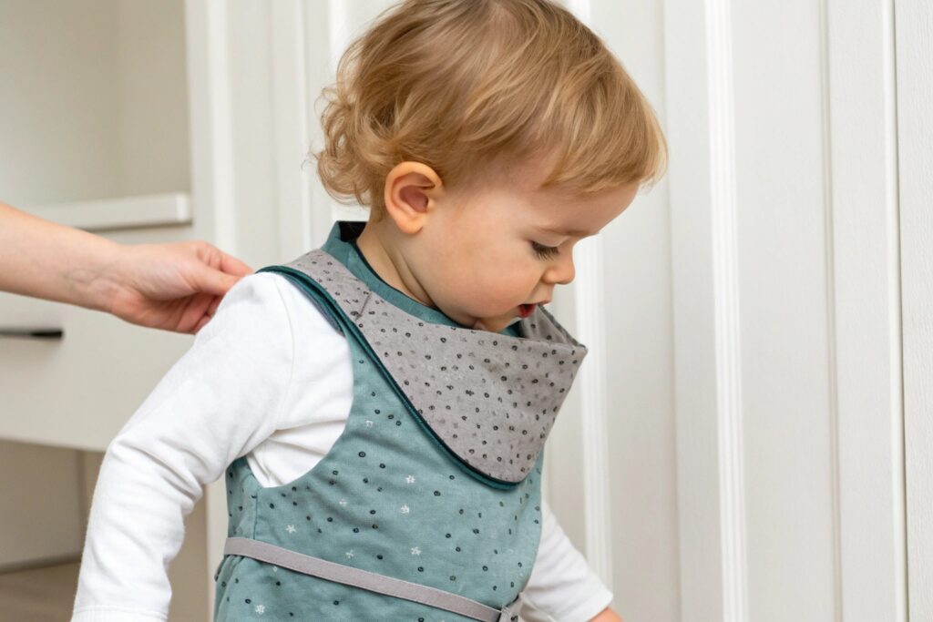 toddler wearing a garment with a grey collar and teal dress, being dressed