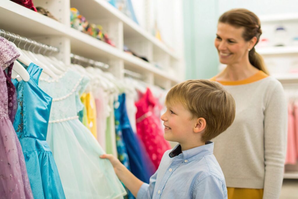 Smiling boy picking dress in kidswear store