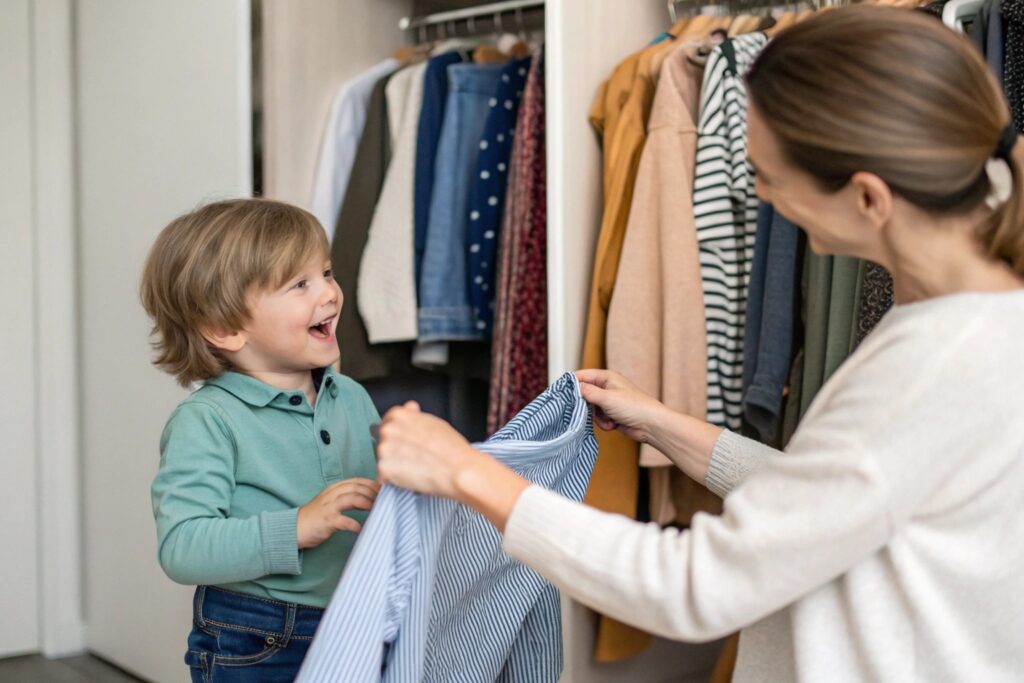 Smiling child choosing shirt with parent by wardrobe