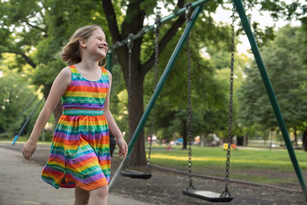 Smiling girl in rainbow dress walking near swings