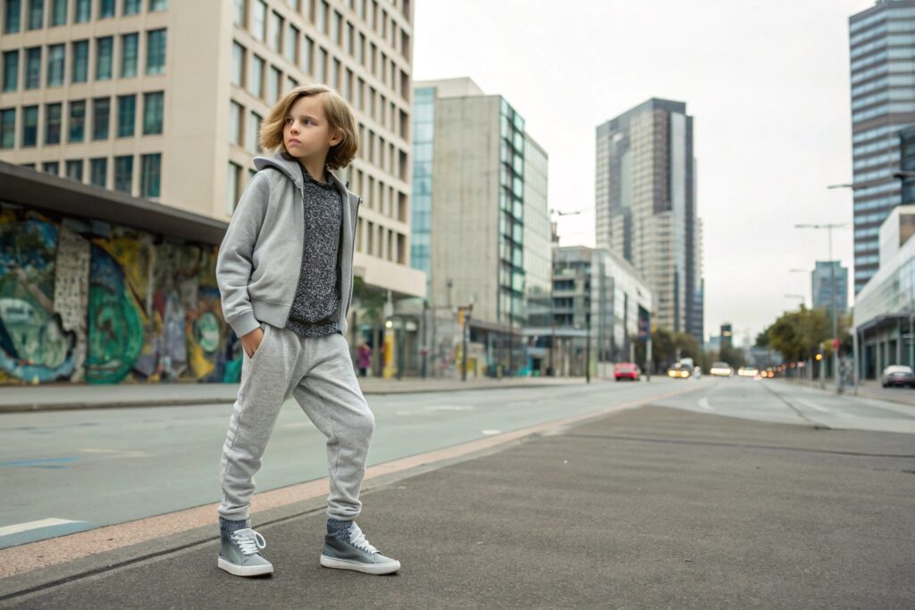 Stylish kid in grey tracksuit standing in city street