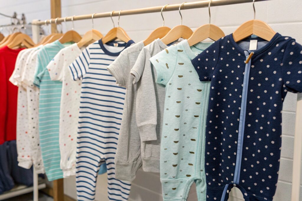 Variety of baby onesies in different colors and patterns hanging on a rack