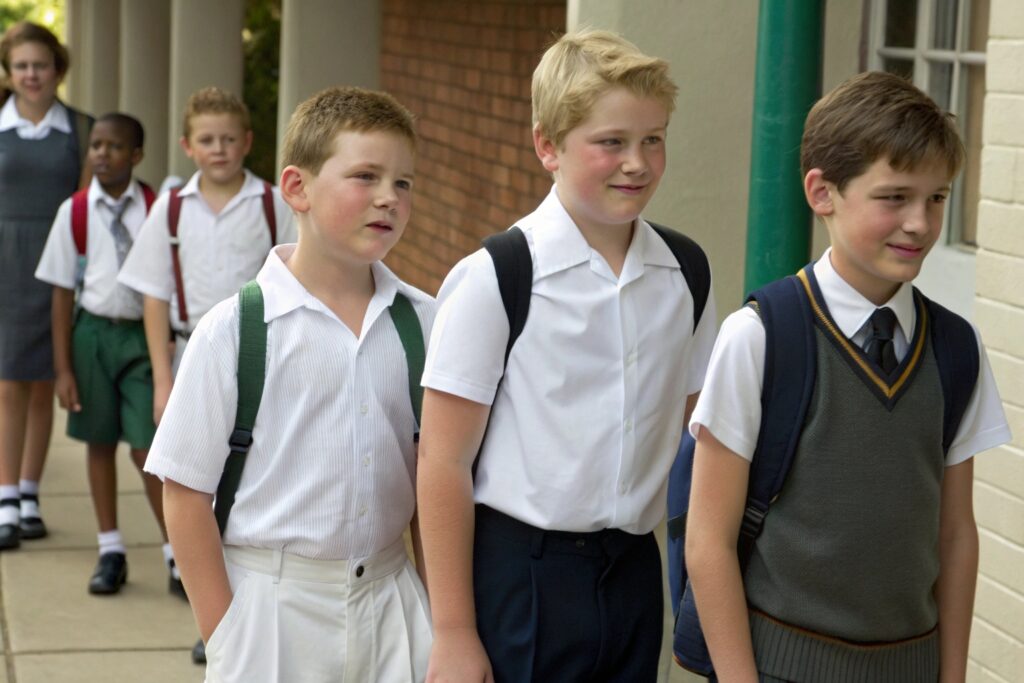 Boys in various school uniforms walking in line