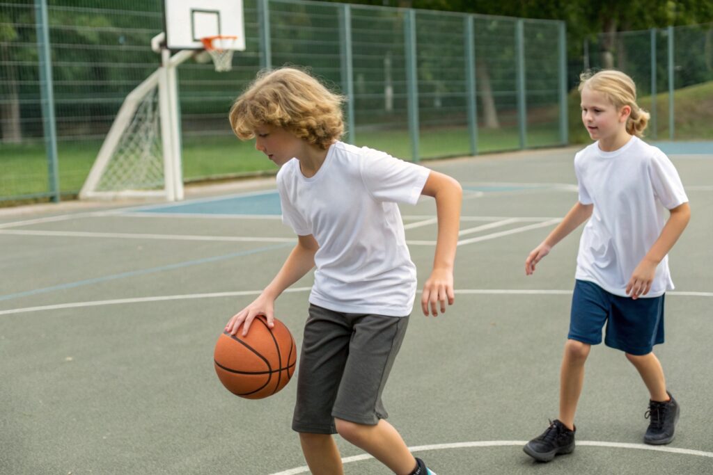 Two kids playing basketball on an outdoor court