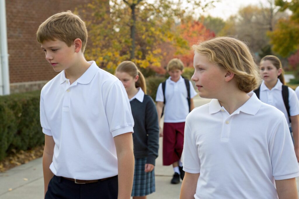 Students in school uniforms walking outdoors