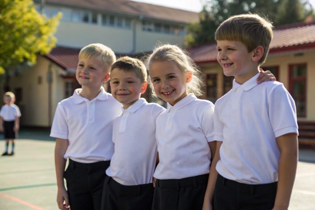Smiling kids in white school uniforms outdoors