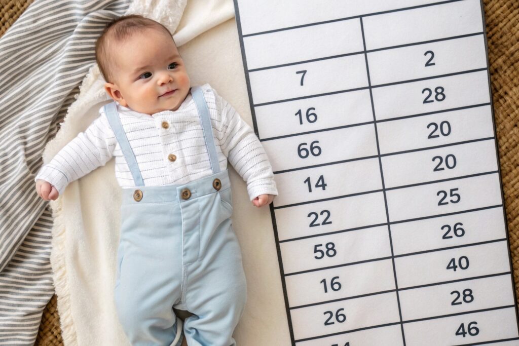 baby wearing blue overalls with size chart, smiling while laying down