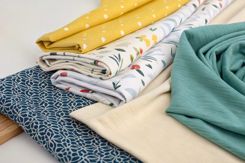 Colorful fabric swatches with floral and geometric prints