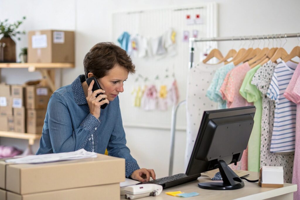 Clothing business owner on call
