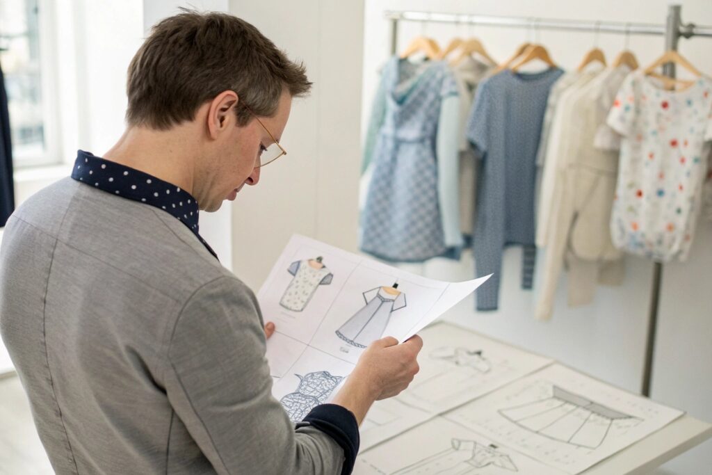 Business owner reviewing baby clothing designs