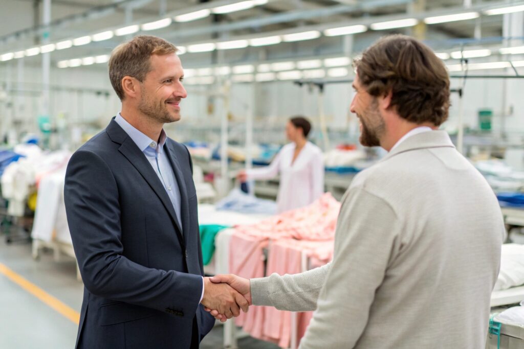 Business owner meeting baby clothing supplier