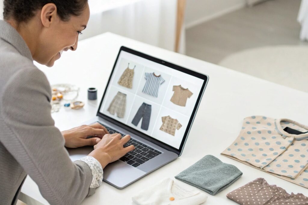 Business owner reviewing print-on-demand designs