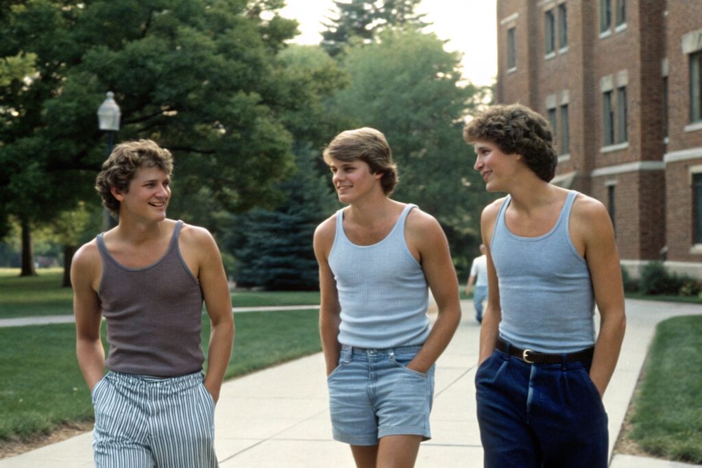 Three young men in tank tops walking outdoors
