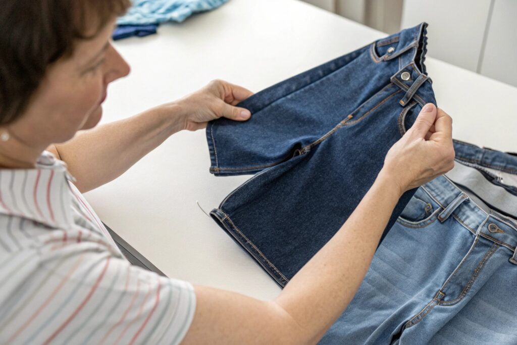Woman examining kids' denim shorts at table