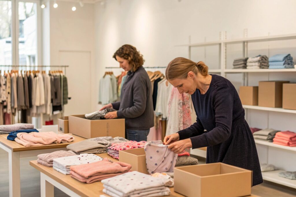 Staff sorting baby clothes in boutique