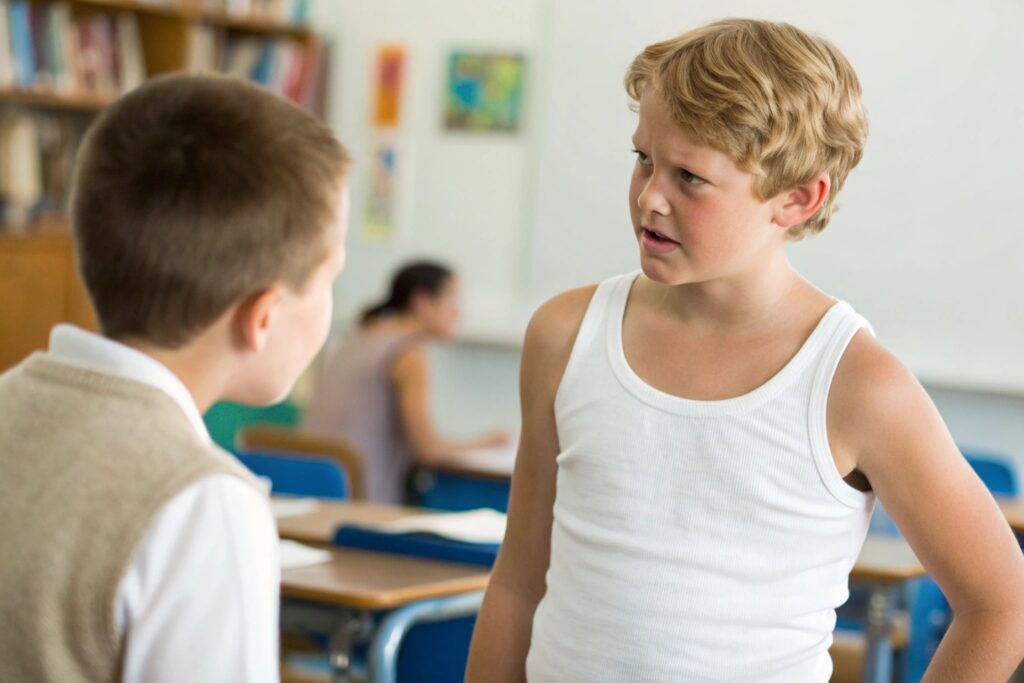 Boy in tank top talking to classmate in school