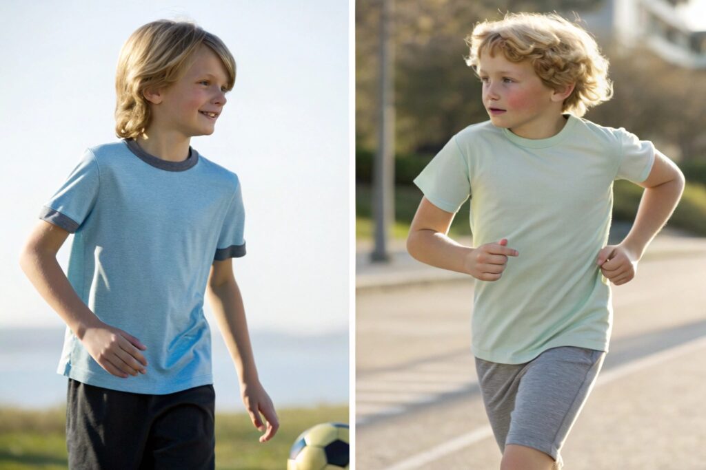 Side-by-side of boys in t-shirts playing and running