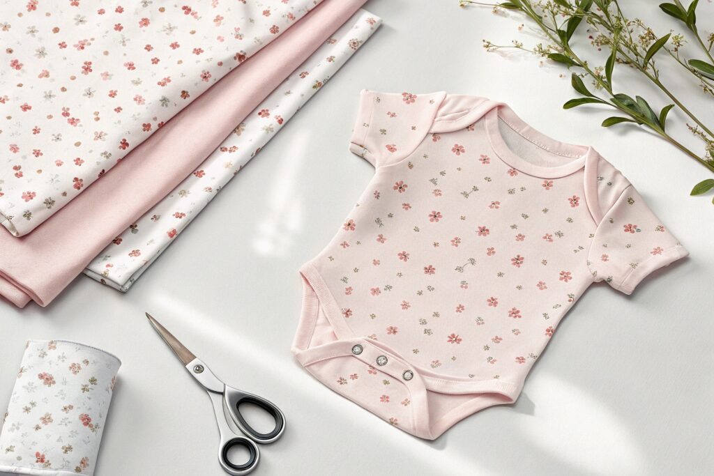 Baby bodysuit in soft pink with floral prints, surrounded by fabric rolls and scissors