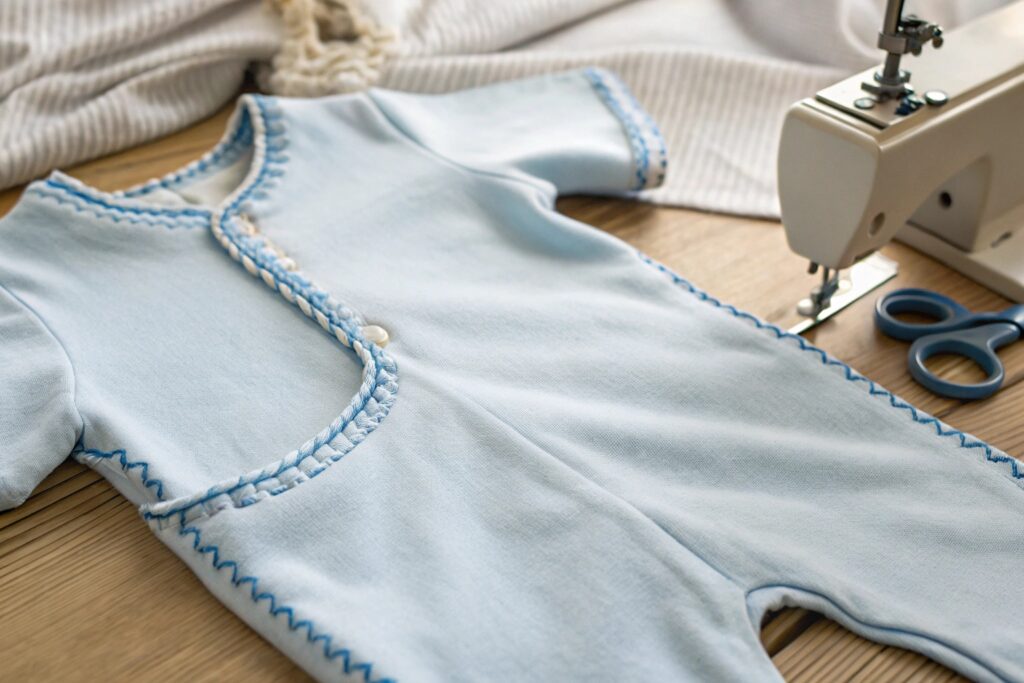 Blue baby garment with fine stitching
