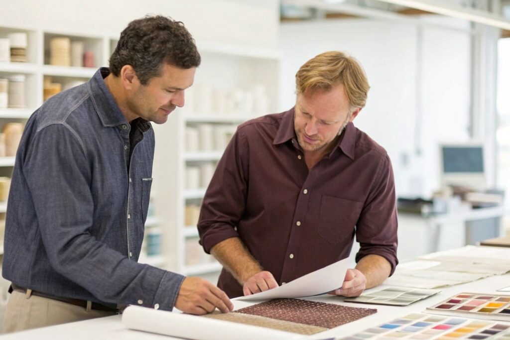 Two individuals reviewing fabric patterns and designs for clothing