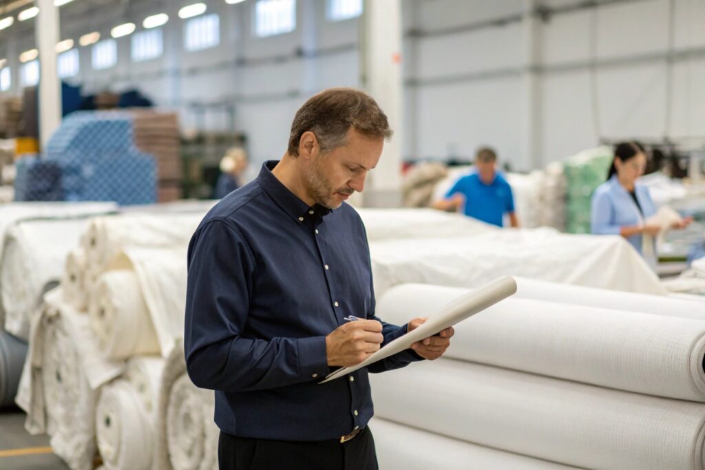 A business owner reviewing certification paperwork in a fabric warehouse