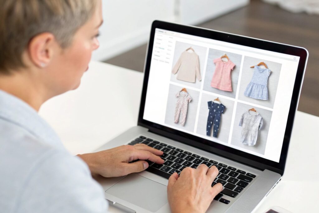 A person browsing kids' clothing designs on a laptop, reviewing product images