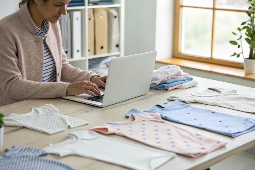 A person composing an email on a laptop while reviewing kids' clothing samples