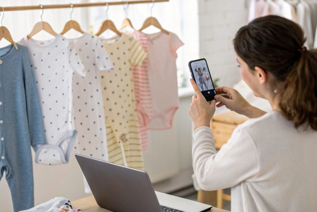 business owner taking photos of baby clothing items for online store