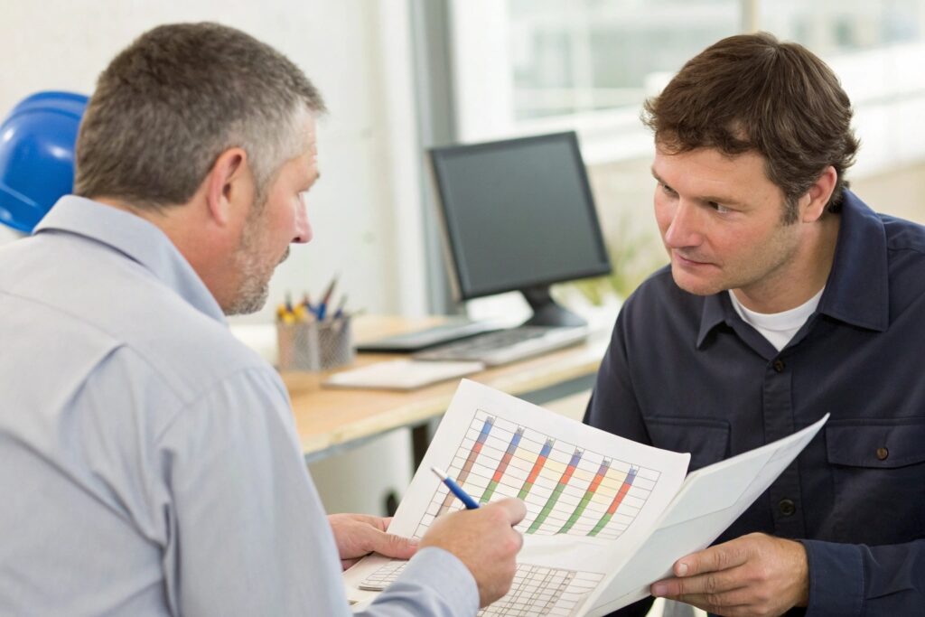 Two individuals discussing charts and production data