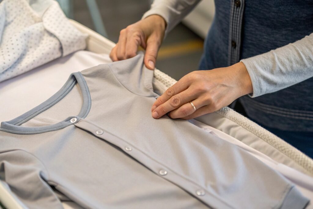 Business owner evaluating baby clothing fabric