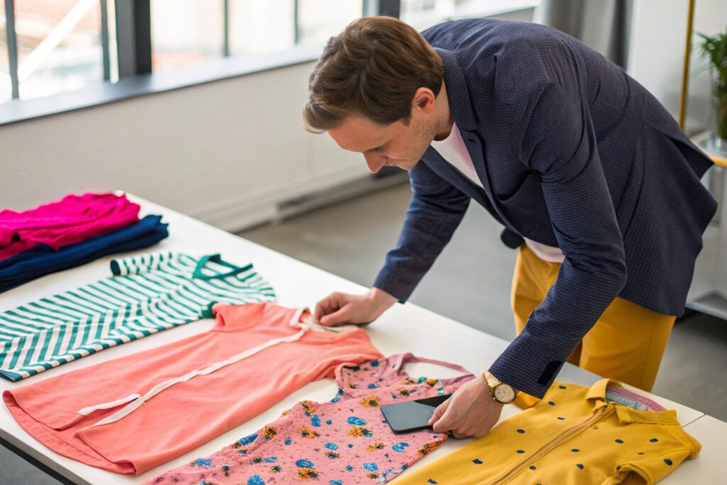 Business owner examining babywear