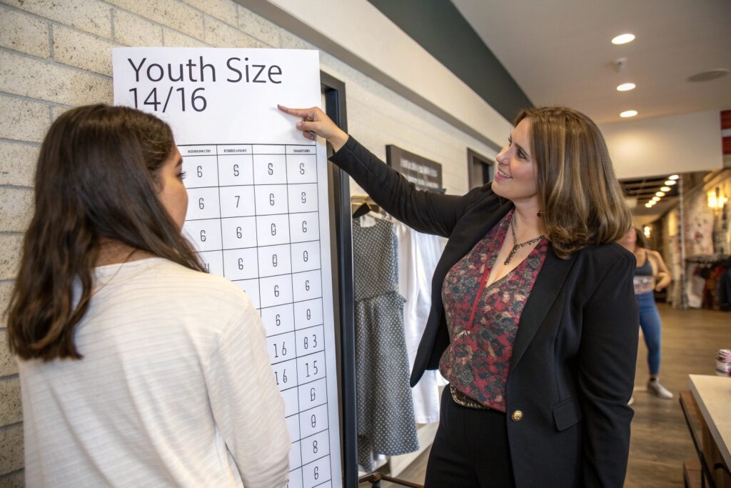 Business owner explaining size chart