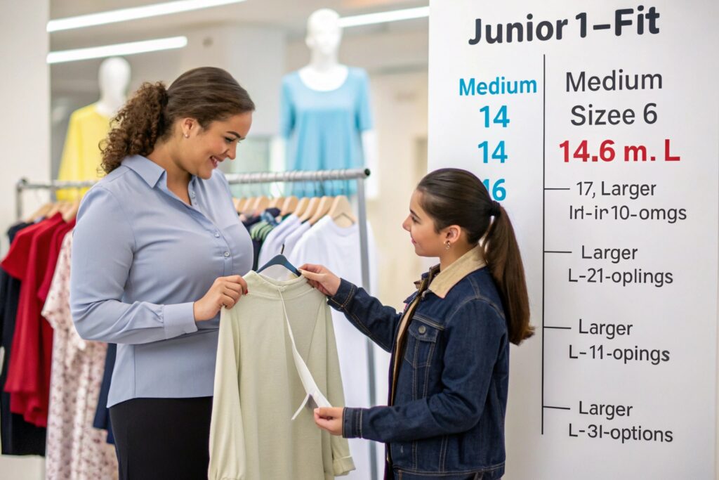 Business owner explaining junior clothing sizes