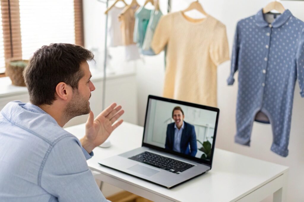 business owner having a video call with a client about kids' clothing