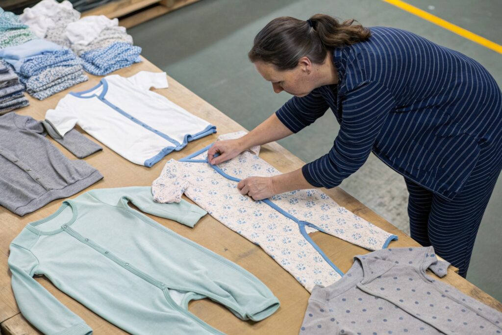 Business owner inspecting babywear