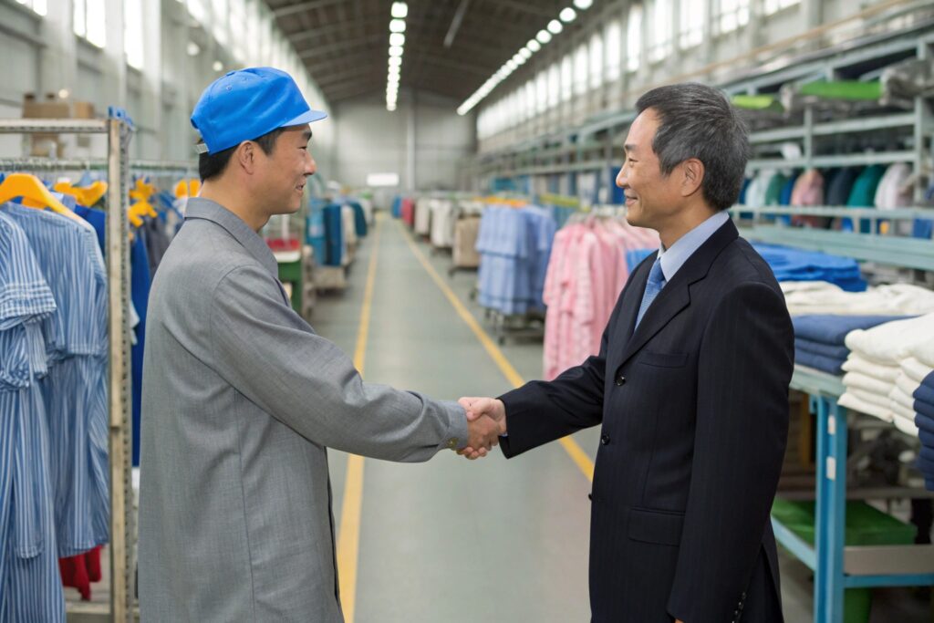 Business owner shaking hands with a factory manager, discussing production