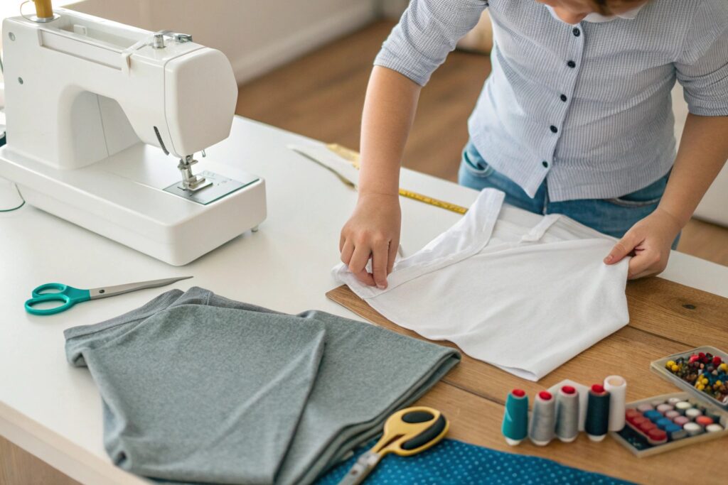 Person preparing white garment for sewing near tools