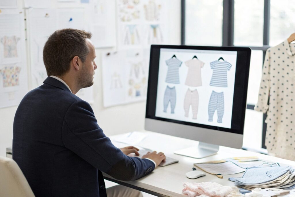 business owner reviewing customer designs on computer screen for kids' clothing