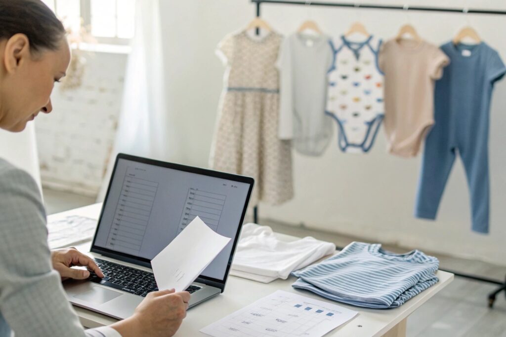 Business owner reviewing apparel order details on laptop