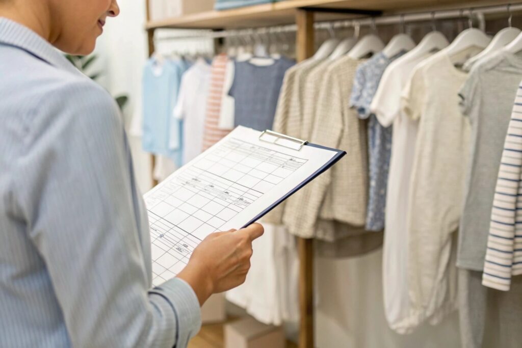 A person reviewing a checklist while inspecting kids' clothing samples