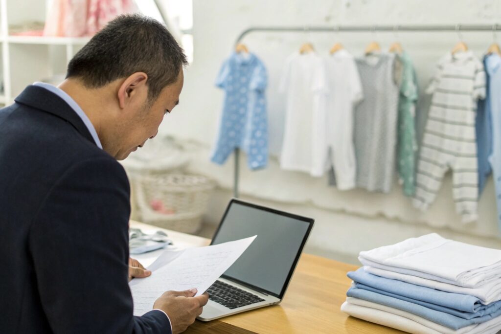 A person reviewing a document while inspecting kids' clothing samples