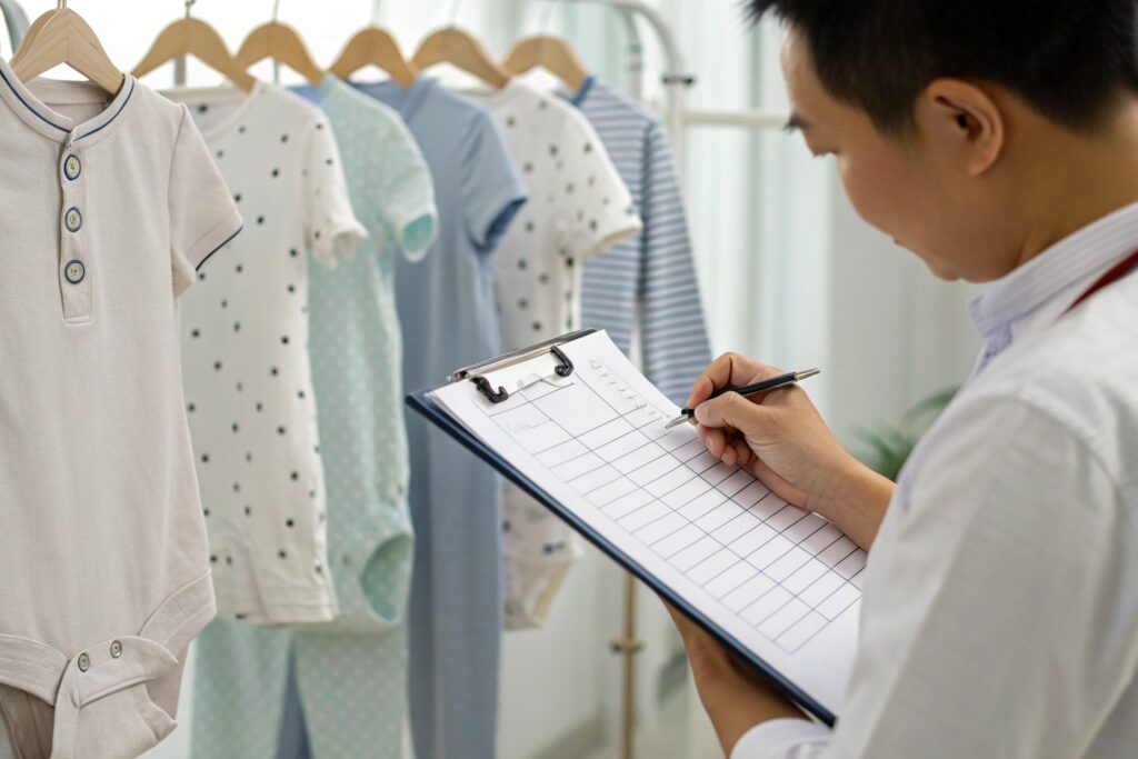 A business owner reviewing a checklist while inspecting kids' clothing