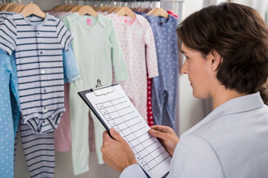 Business owner reviewing children's clothing stock