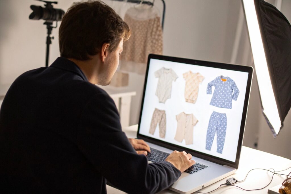 Business owner reviewing product images