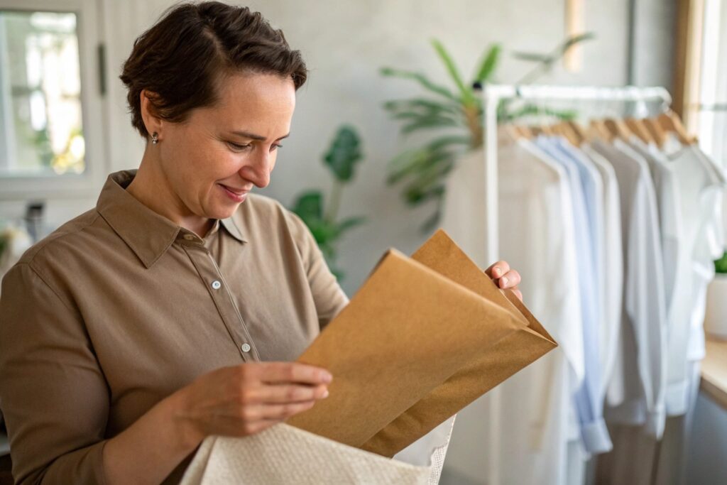 Business owner reviewing sustainable packaging