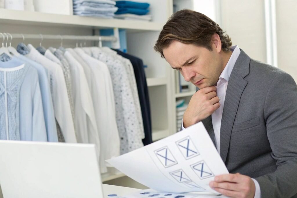 Business owner reviewing clothing sketches