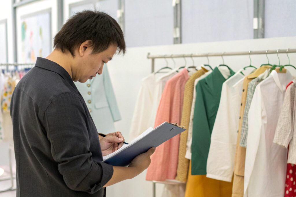 Business owner reviewing clothes