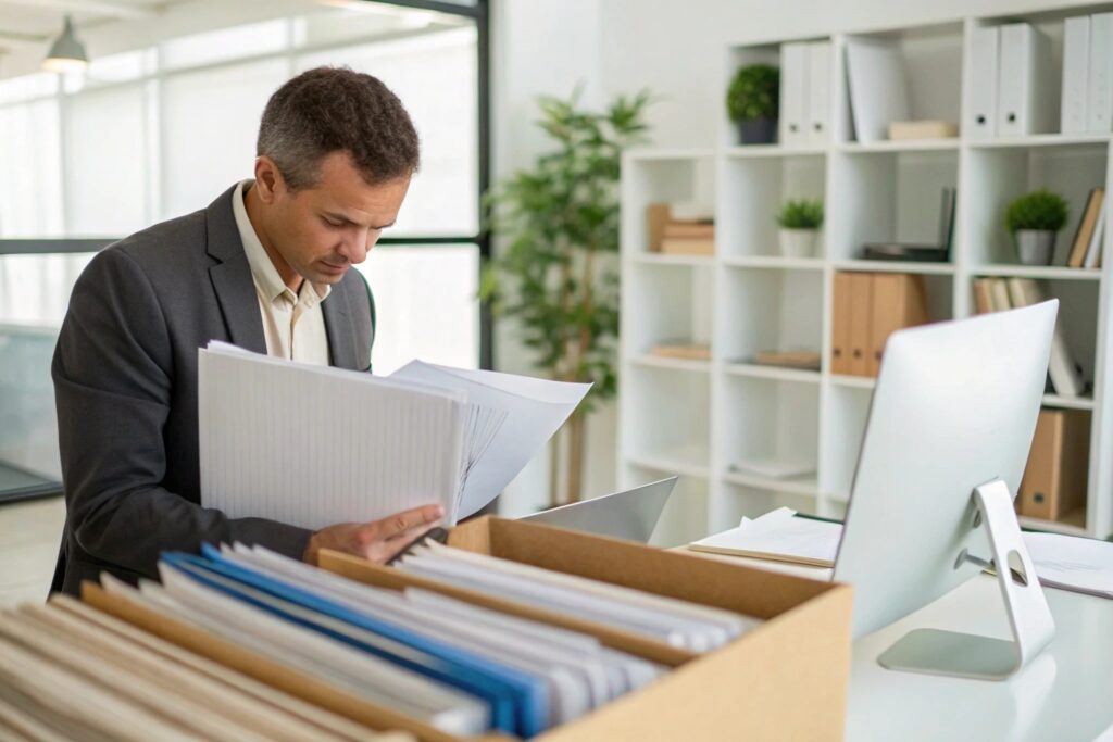 business owner reviewing documents in office, professional setting