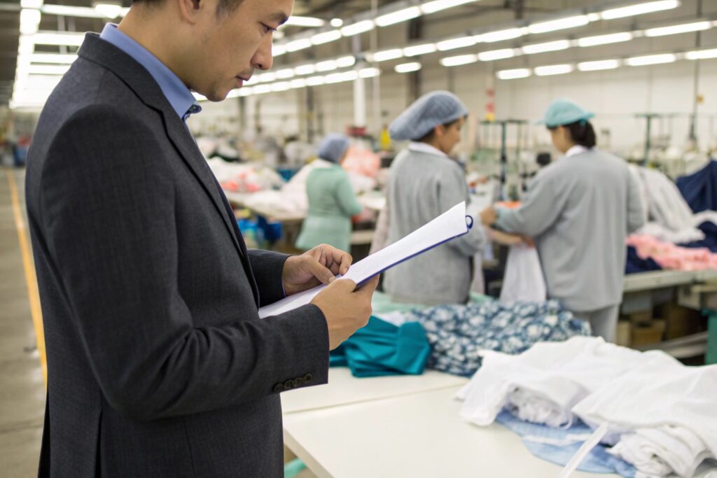 Business owner reviewing documents in the factory, overseeing production line